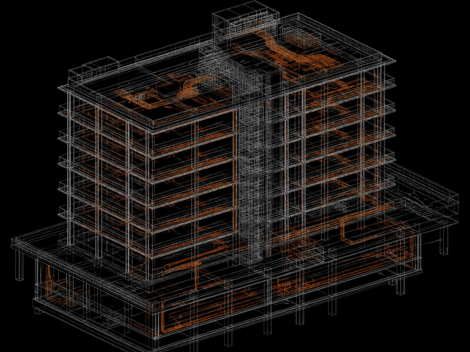 Modelo federado BIM em vista axonométrica com instalações destacadas
