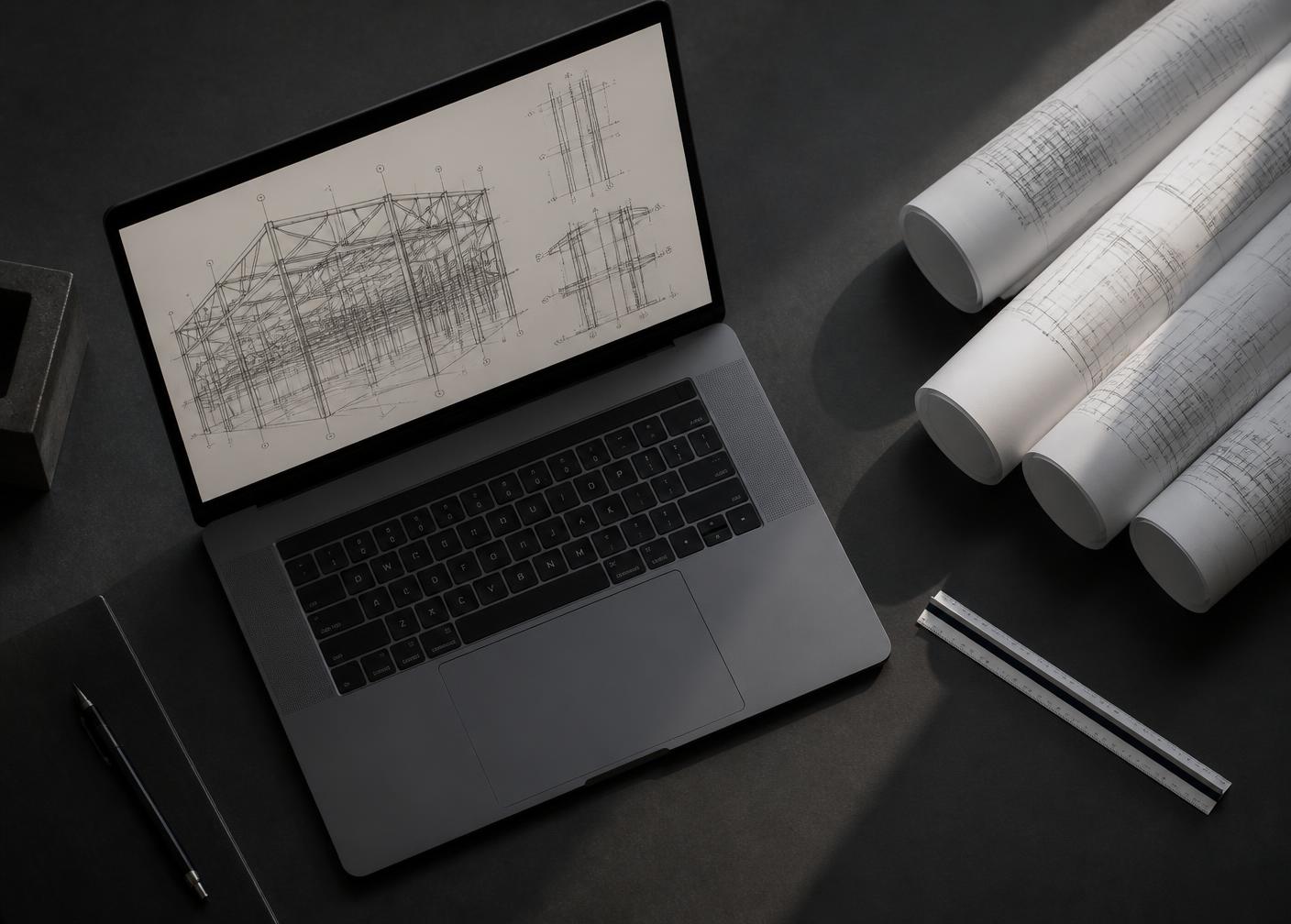 Estudo de projeto estrutural em laptop ao lado de plantas técnicas